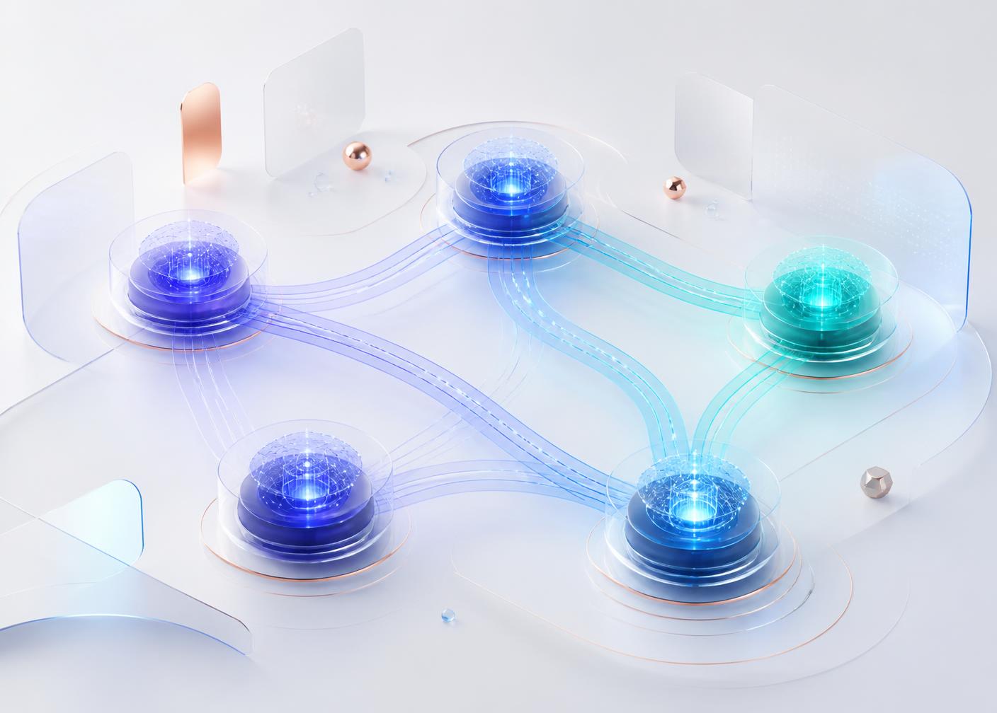 Abstract illustration of interchangeable AI engines routing into one build pipeline